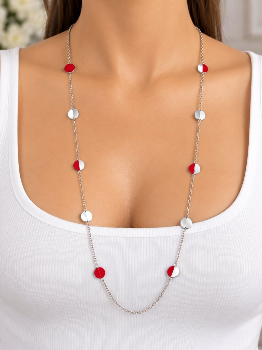Long Silver Tone Chain Necklace with Red & Clear Beads